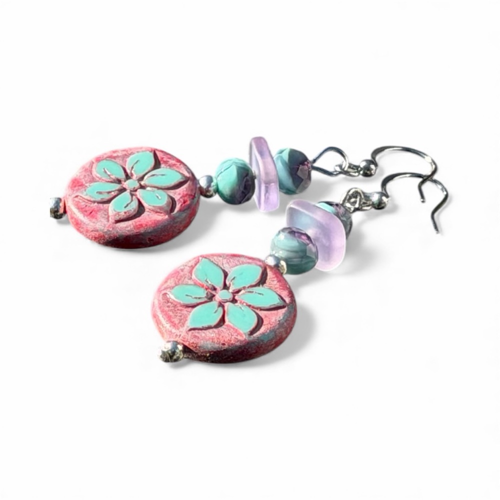 Handcrafted Floral Pink and Turquoise Czech Glass Earrings - Picture 16 of 16